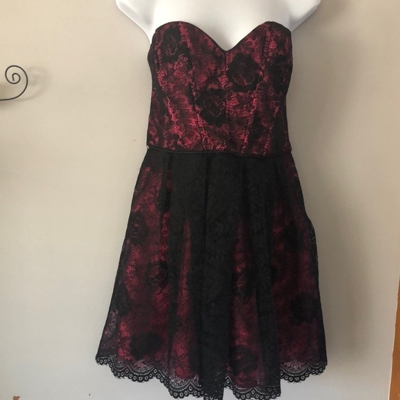 NEW Bebe Black Lace Pink Tulle Prom Winter Formal Dance Fit & Flare Mini L Dress - Picture 2 of 16